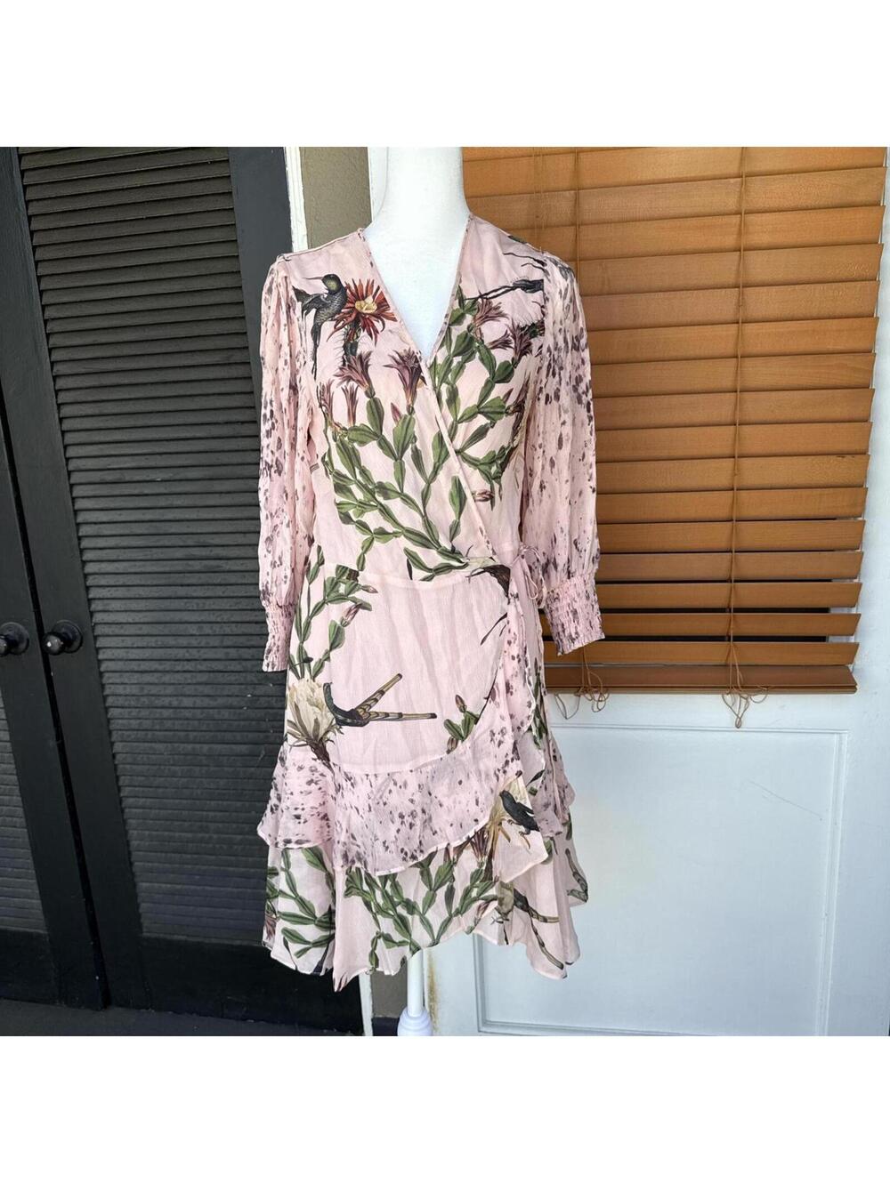 AllSaints Ari Nolina Dress – Pink Floral Bird Print (Size 2 / Small)
